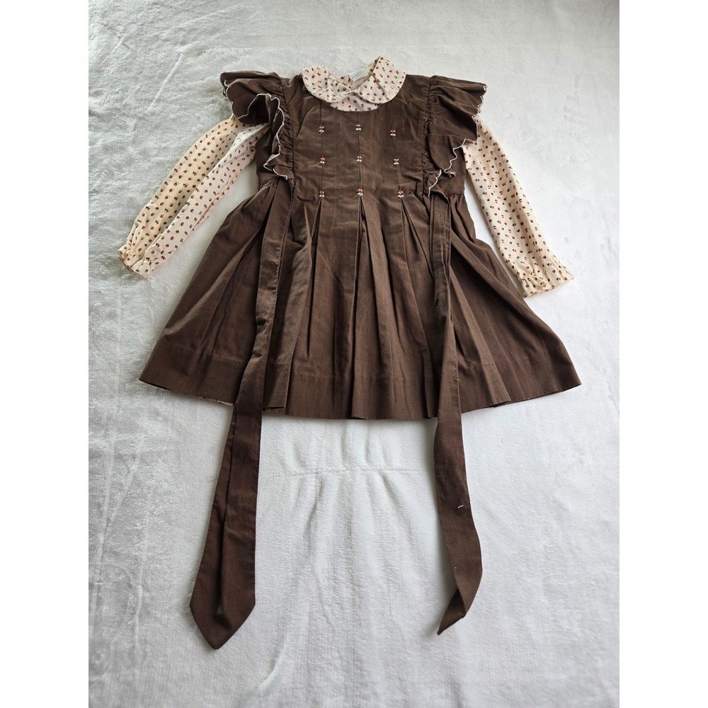 Vintage Nannette Girls Brown prairie Jumper Dress Floral 5 70s 80s